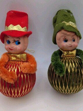 Vintage MCM Christmas Ornaments Set of 2 – Pixie Elf on Flocked Ball Gold Thread
